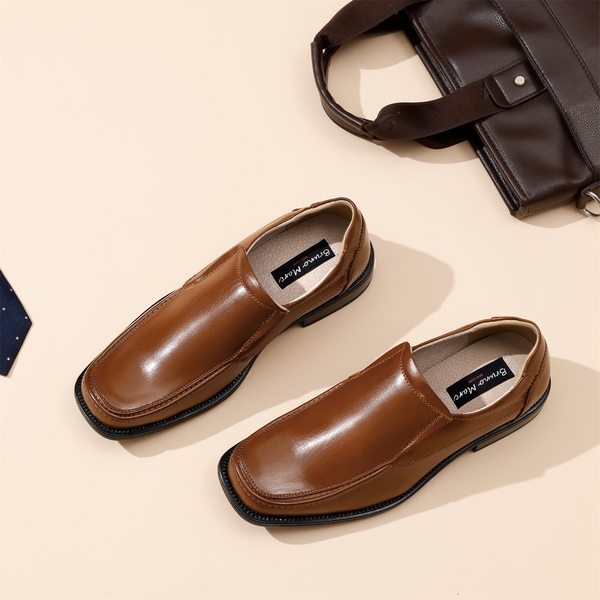 Men's Leather Lined Slip-On Square Toe Dress Loafers - DARK BROWN - 8