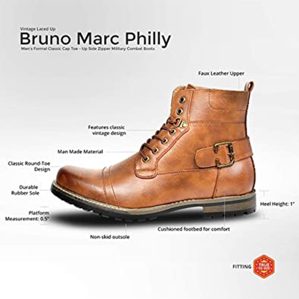 Men's Side Zipper Motorcycle Combat Boots - BROWN - 3