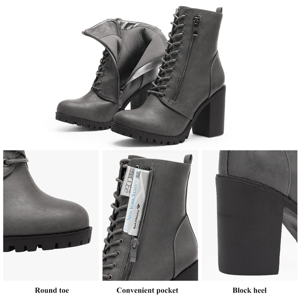 Lace Up Chunky Heel Ankle Booties - GREY PU - 4
