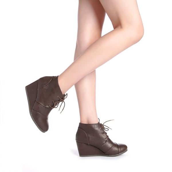 Lace Up Low Wedge Heel Ankle Boots - BROWN PU - 2