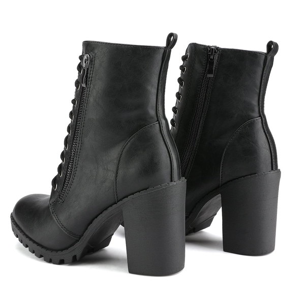 Lace Up Chunky Heel Ankle Booties - BLACK - 3