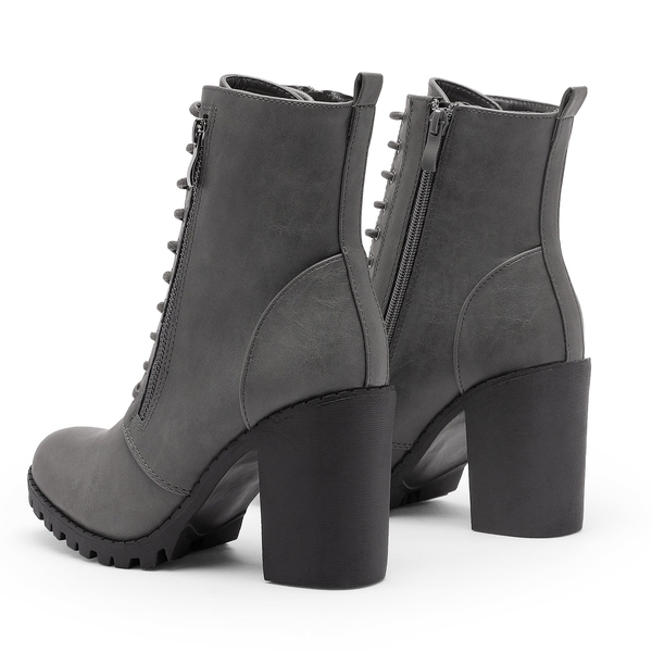 Lace Up Chunky Heel Ankle Booties - GREY PU - 3