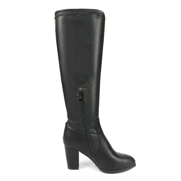 Round-Toe Chunky Heel Knee High Boots - BLACK PU - 3