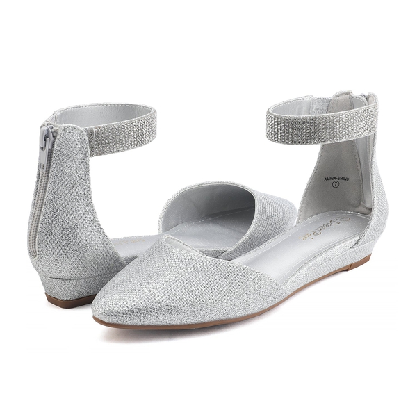 Wedge Ankle Strap Flats Shoes - SILVER GLITTER - 4