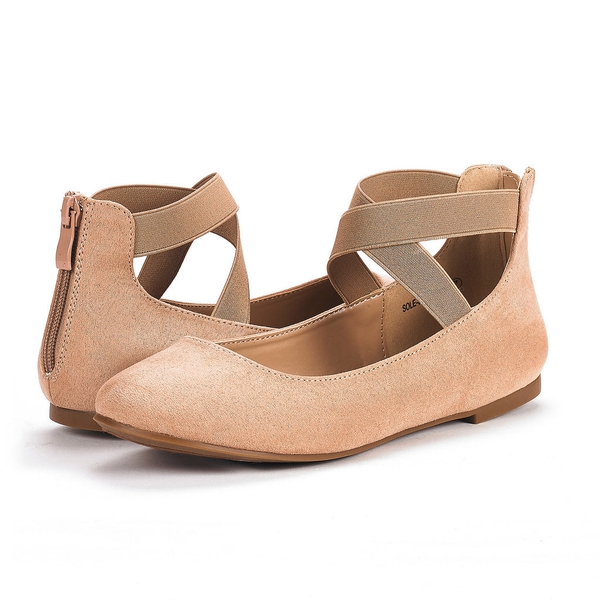 Elastic Closed Toe Flats with Ankle Strap - NUDE - 3