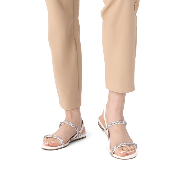 Rhinestone Flat Sandals - WHITE PU - 2