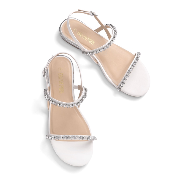 Rhinestone Flat Sandals - WHITE PU - 4