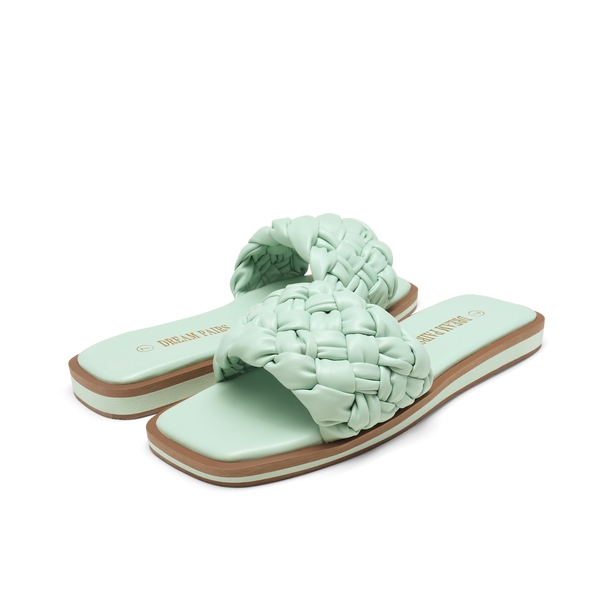 Open Toe Slide Flat Sandals - MINT GREEN WEAVE - 3