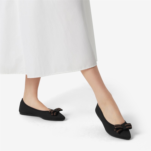 Bowknot Pointed Toe Knit Flats - BLACK - 1