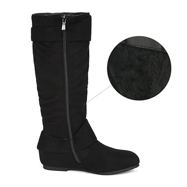 Wide Calf Fur-lined Low Hidden Wedge Boots - BLACK SUEDE - 2