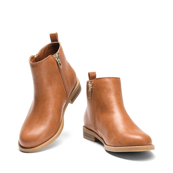 Kids Side Zipper Low Heel Ankle Boots - TAN PU - 4