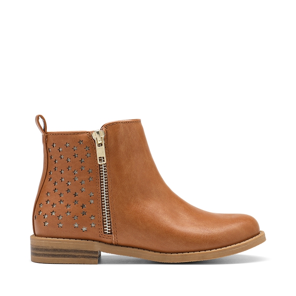 Kids Side Zipper Low Heel Ankle Boots - TAN PU - 2