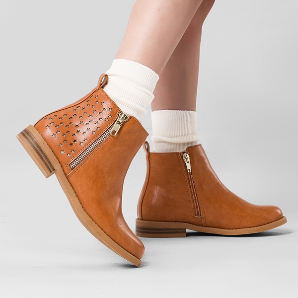 Kids Side Zipper Low Heel Ankle Boots - TAN PU - 1