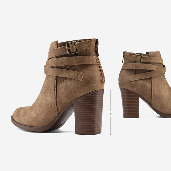 Stacked Mid Heel Chunky Ankle Booties - TAN - 1