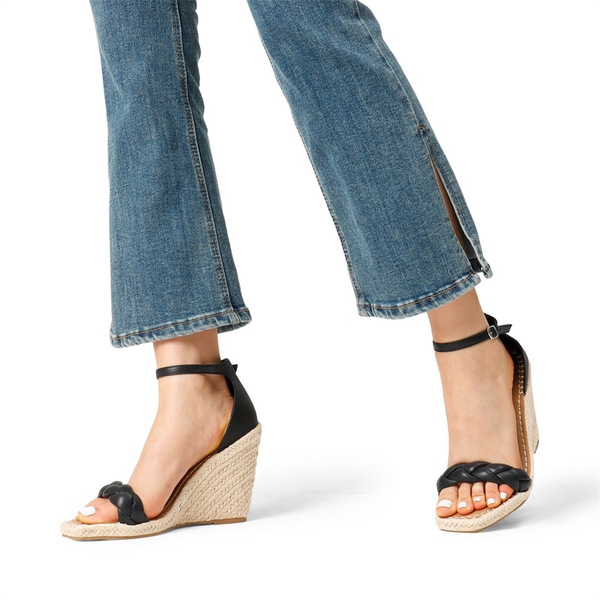 Espadrilles Braided Strap Square Toe Wedge Sandals - BLACK - 1