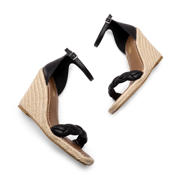 Espadrilles Braided Strap Square Toe Wedge Sandals - BLACK - 2