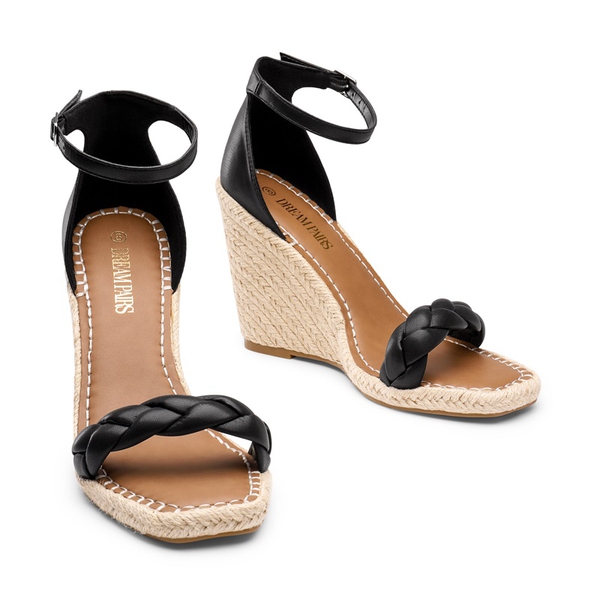 Espadrilles Braided Strap Square Toe Wedge Sandals - BLACK - 4