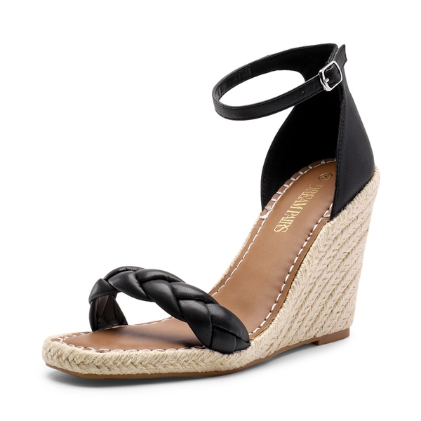 Espadrilles Braided Strap Square Toe Wedge Sandals - BLACK -  0