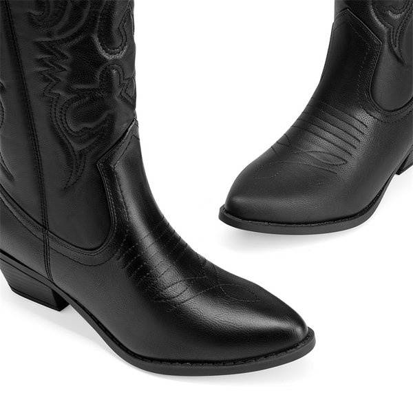 Mid Calf Western Cowboy Boots - BLACK - 4
