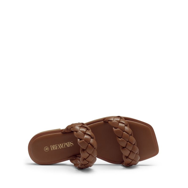 Two Straps Square Toe Braided Flat Sandals - BROWN - 3