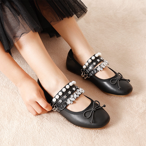 [Fun Mix- Dazzling] Girls DIY Interchangeable Straps Bow Ballet Flats - BLACK - 1