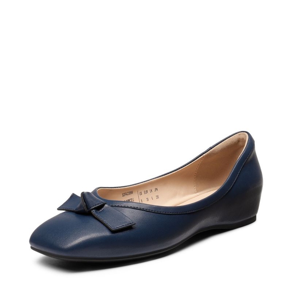 Square Toe Low Wedge Bow Flats - NAVY -  0