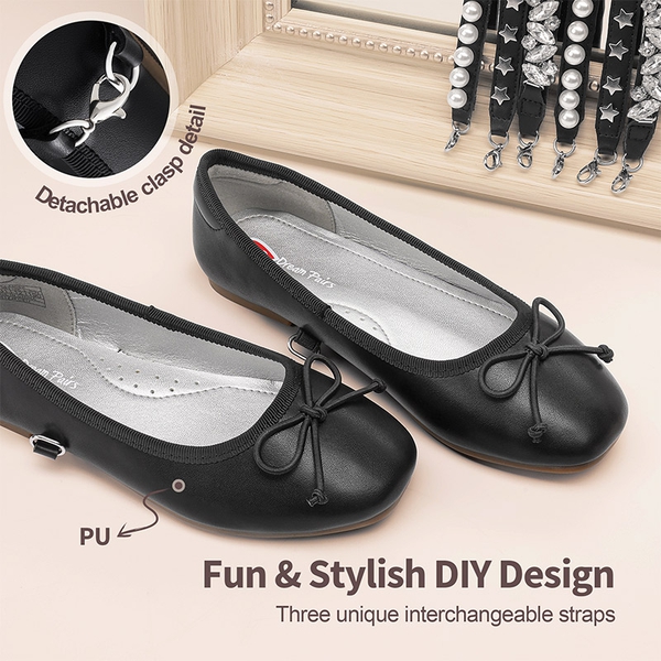 [Fun Mix- Dazzling] Girls DIY Interchangeable Straps Bow Ballet Flats - BLACK - 2
