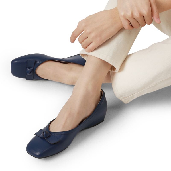 Square Toe Low Wedge Bow Flats - NAVY - 2