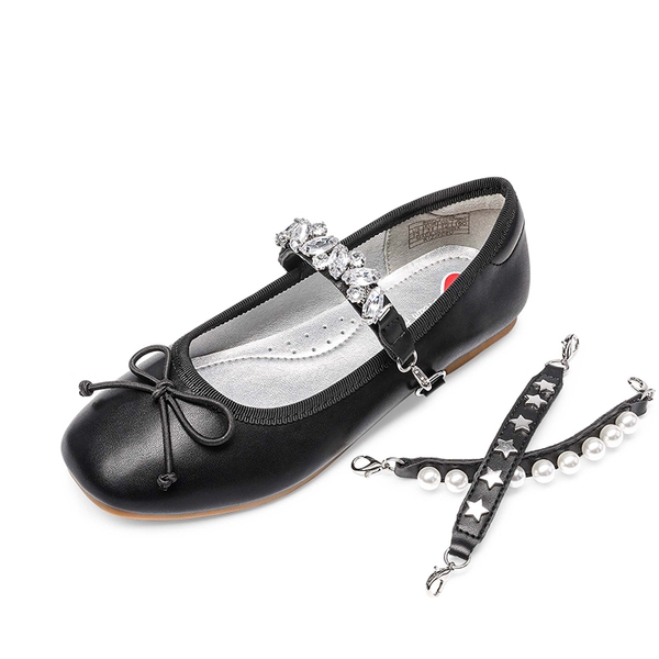 [Fun Mix- Dazzling] Girls DIY Interchangeable Straps Bow Ballet Flats - BLACK -  0