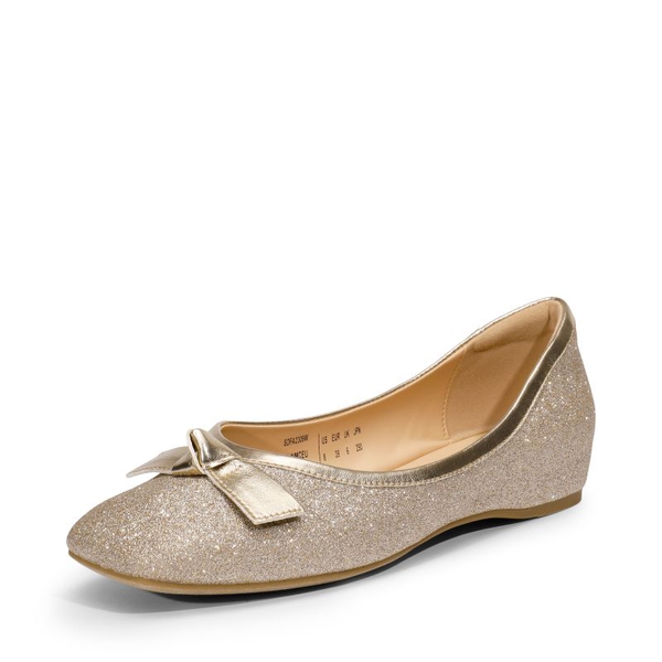 Square Toe Low Wedge Bow Flats - GOLD GLITTER -  0