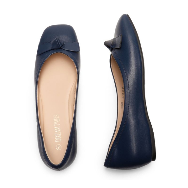Square Toe Low Wedge Bow Flats - NAVY - 4