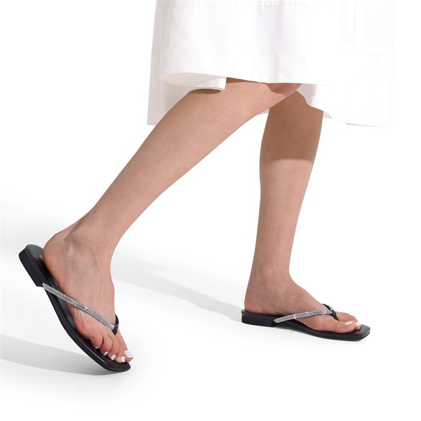 Square Toe Rhinestones Flip Flops - BLACK - 1
