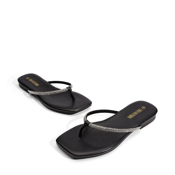 Square Toe Rhinestones Flip Flops - BLACK - 2