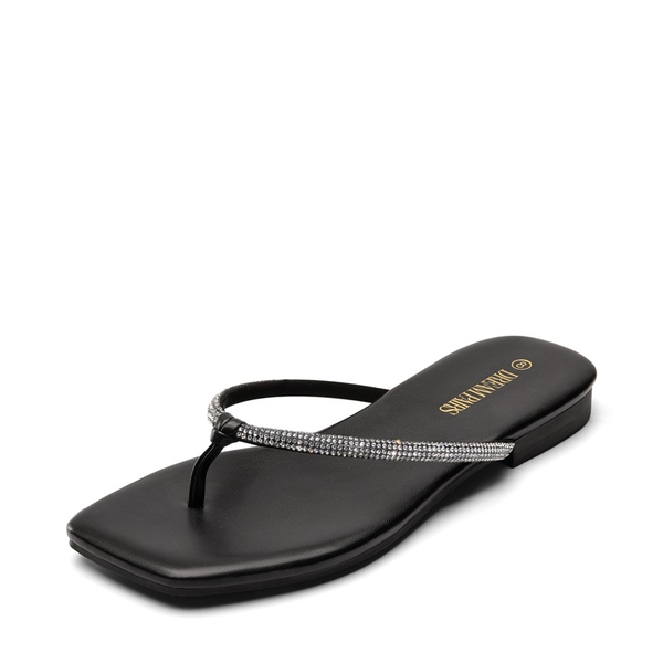 Square Toe Rhinestones Flip Flops - BLACK -  0
