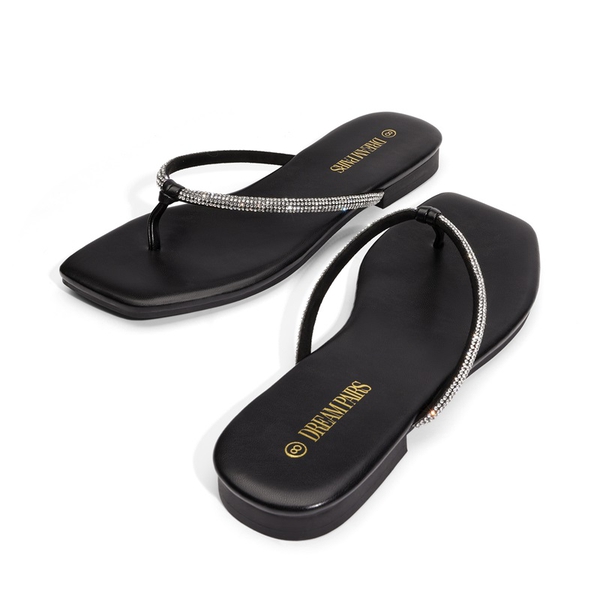 Square Toe Rhinestones Flip Flops - BLACK - 3