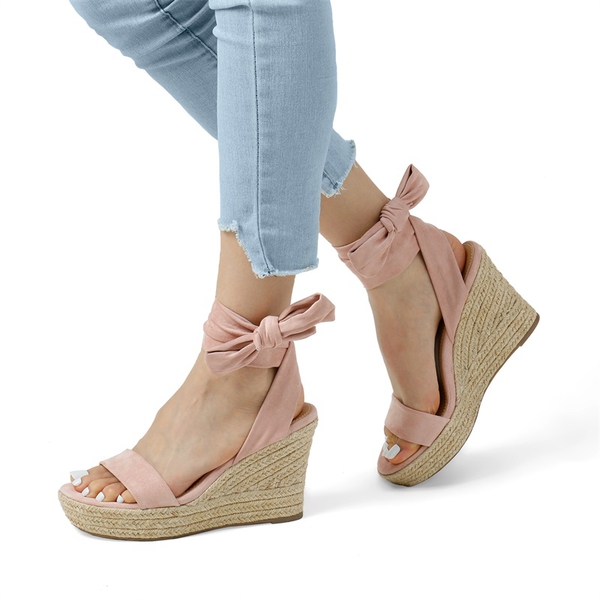 Espadrilles Ankle Tie Lace Up Platform Wedges - PINK - 3