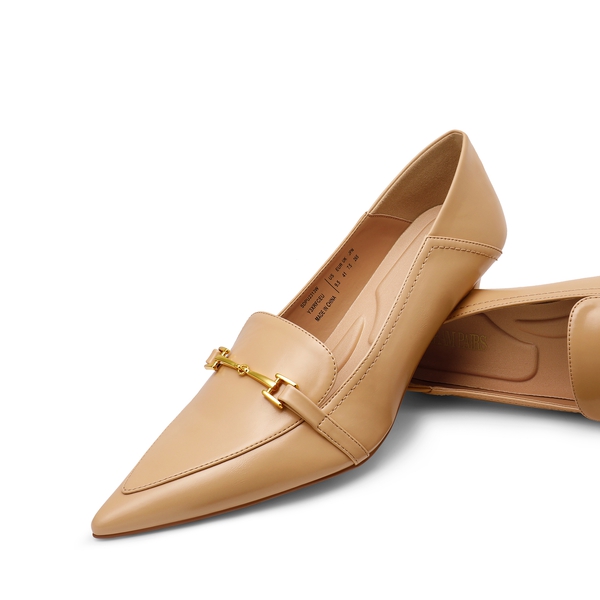 Horsebit Detail Pointed Toe Kitten Heel Pumps - NUDE PU - 3
