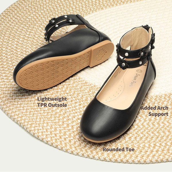 Girls Pearls Flowers Ankle Strap Ballet Flats - BLACK - 4