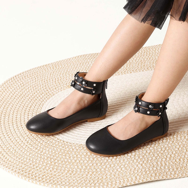 Girls Pearls Flowers Ankle Strap Ballet Flats - BLACK - 1