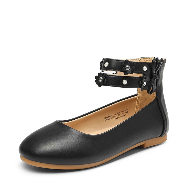 Girls Pearls Flowers Ankle Strap Ballet Flats - BLACK -  0