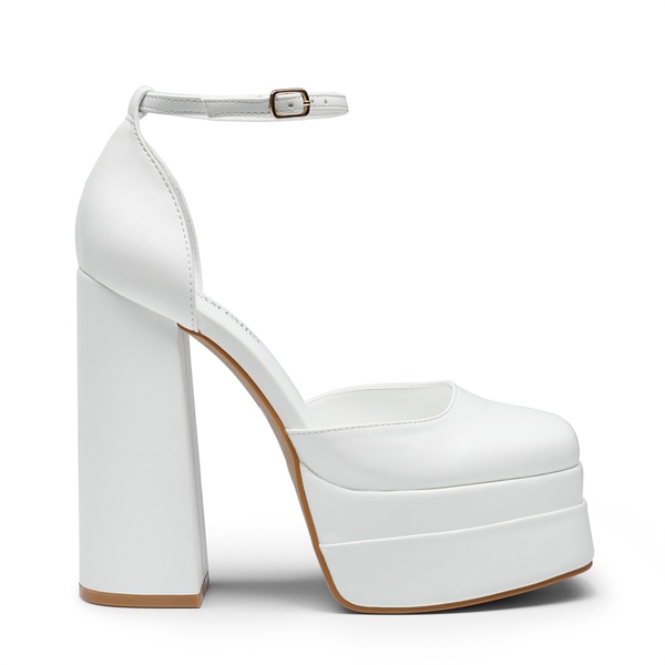 High Chunky Square Toe Ankle Strap Platform Pumps - WHITE - 2