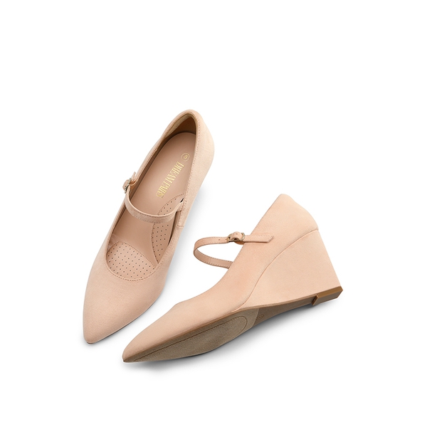 Mary Jane Strap Wedge Pumps - NUDE SUEDE - 4