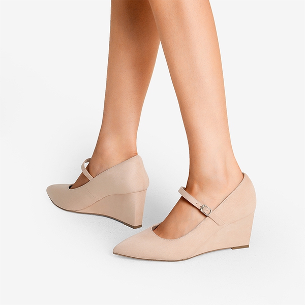Mary Jane Strap Wedge Pumps - NUDE SUEDE - 2