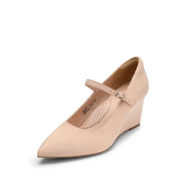 Mary Jane Strap Wedge Pumps - NUDE SUEDE -  0