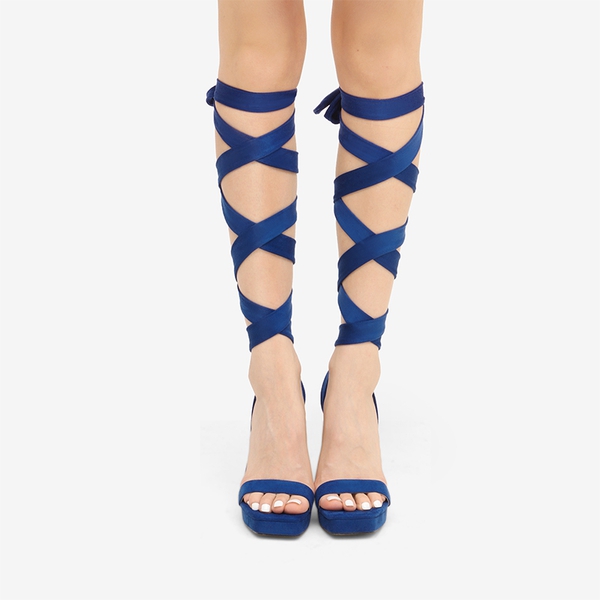 Chunky High Heel Strappy Platform Sandals - ROYAL BLUE SUEDE - 2