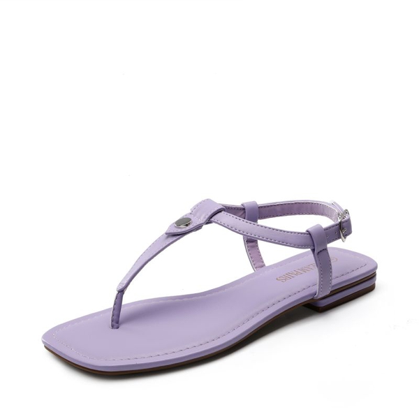 T-Strap Thong Flat Sandals With Silk Ribbon - PURPLE -  0