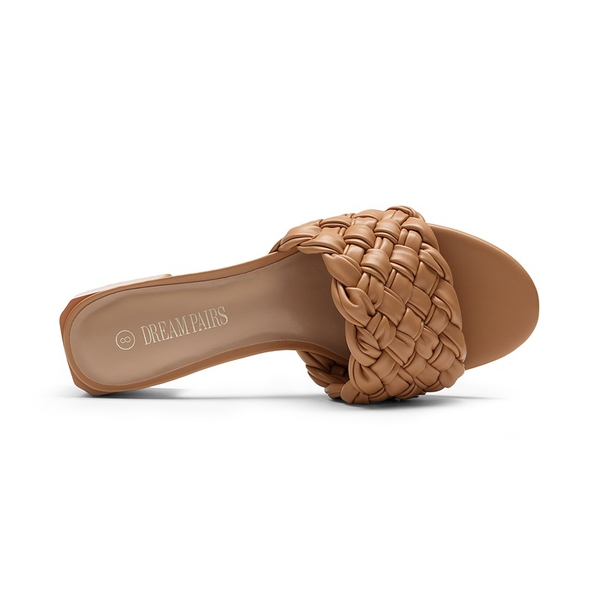Braided Low Block Heel Slides Sandals - BROWN - 4