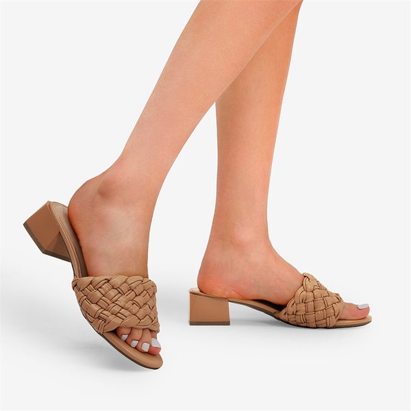Braided Low Block Heel Slides Sandals - BROWN - 1