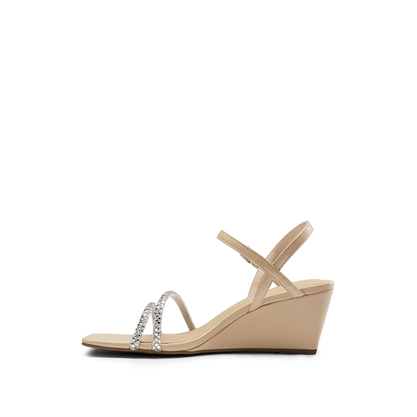  Square Toe Rhinestone Wedge Sandals - NUDE PU - 2