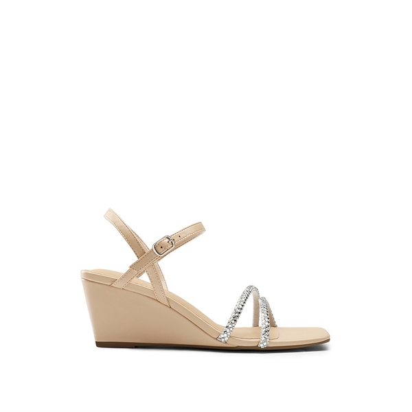  Square Toe Rhinestone Wedge Sandals - NUDE PU - 1